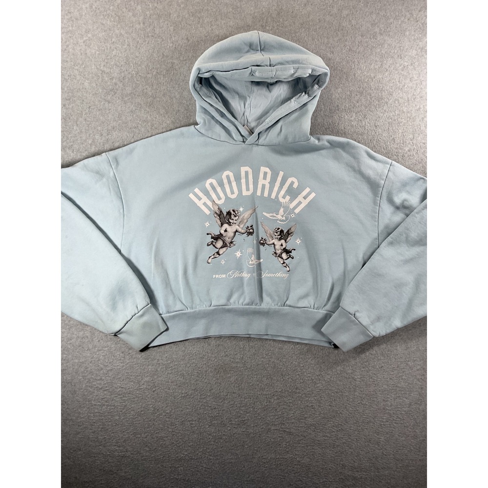 Hoodrich Womens Blue Cherub Graphic Cropped Hoodie Sweatshirt Size Large 1329